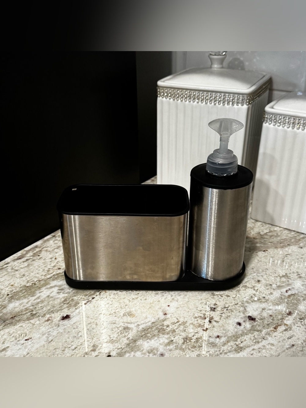 Stainless Steel Soap Dispenser and Sponge Holder - Black & Silver
